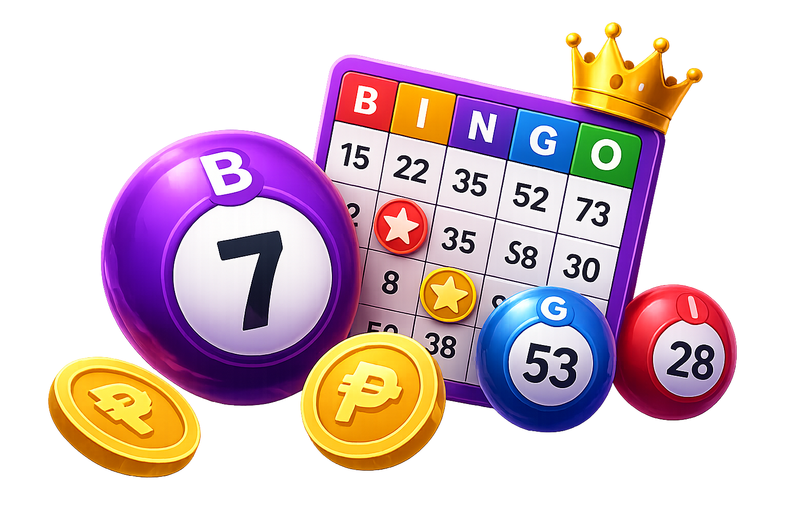 Bingo balls, coins, a crown, and a bingo card